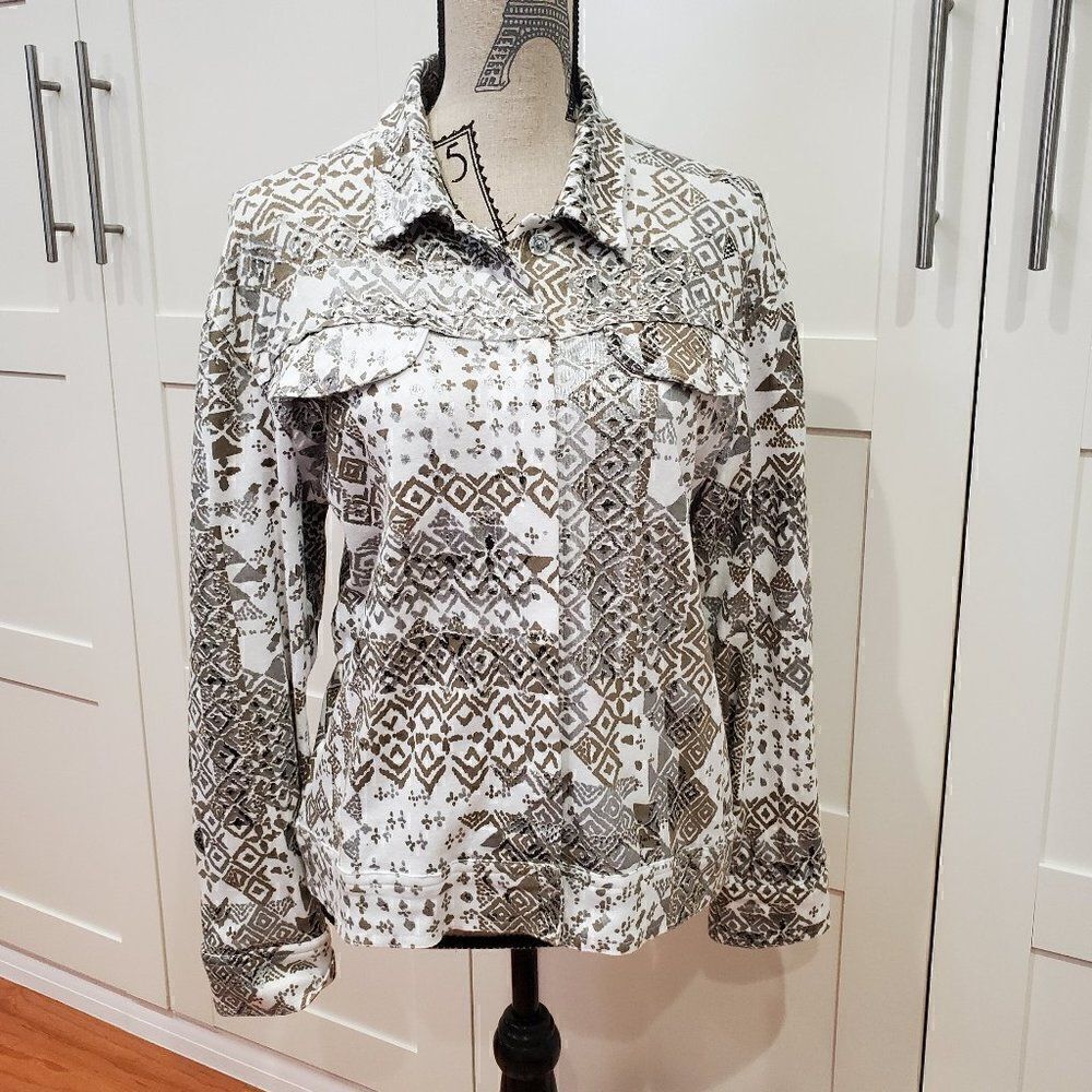Chico's Top Lightweight Jacket White Tan Gold